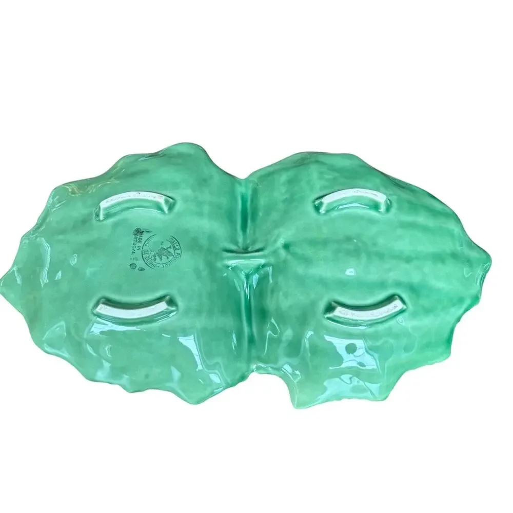 Bordallo Pinheiro Cabbage Leaf Double Dish Portugal Green Majolica Serving Tray